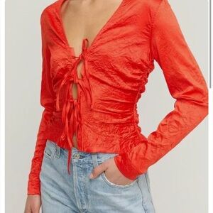 GANNI Crinkled stretch BOW satin blouse